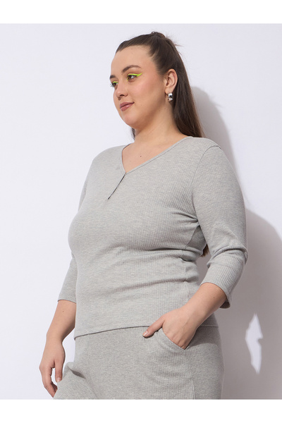 Sassafras By Styli Plus Size Grey Ribbed Top