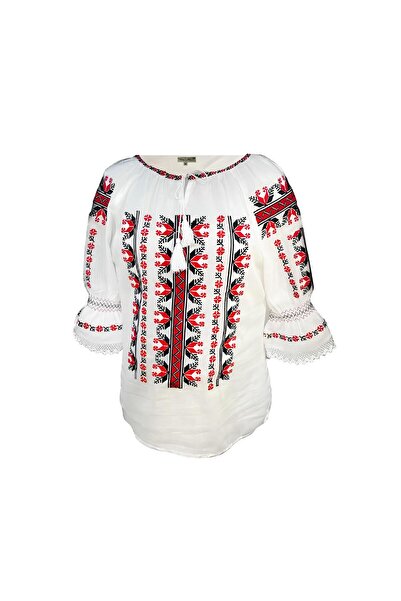 Inovius Bluza Tip Ie Traditionala Alba cu Motiv Geometric Multicolor de Dama ...