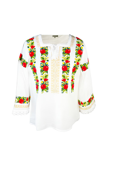 Inovius Bluza Tip Ie Alba cu Motiv Floral Rosu - BMG28 XL