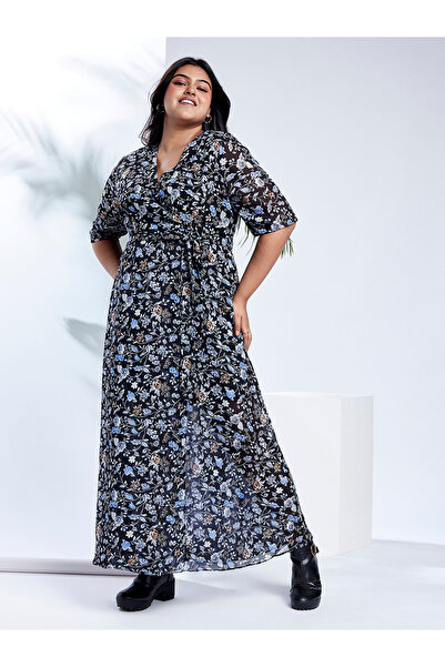 Globus By Styli Plus Size Navy Blue Floral Print Maxi Dress