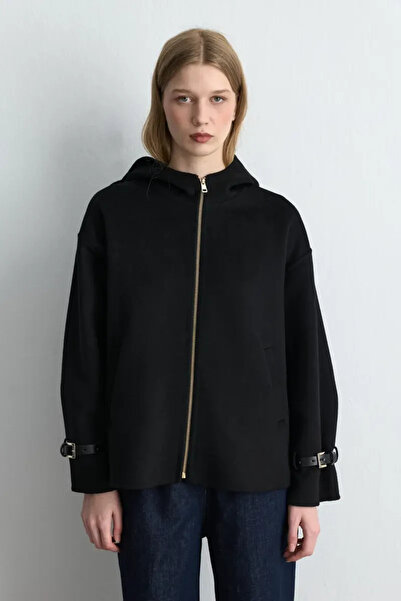 Gusto Hooded Unlined Wool Coat - Black