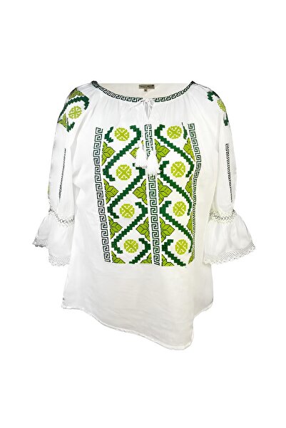 Inovius Bluza Tip Ie Traditionala Alba cu Motiv Geometric Verde de Dama - IMS...