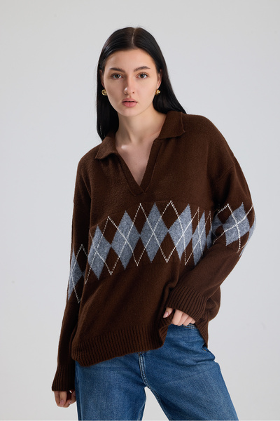 Figo Baklava Patterned Shirt Collar Women's Sweater