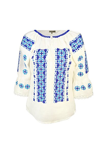 Inovius Bluza Tip Ie Traditionala Alba cu Motiv Geometric Albastru de Dama - ...