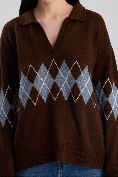 Figo Baklava Patterned Shirt Collar Women's Sweater