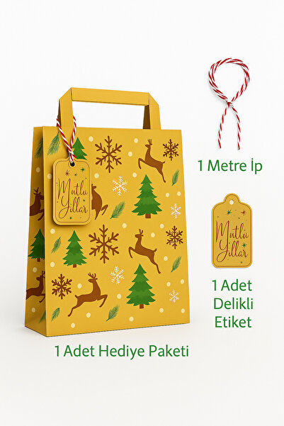 Dekals 3Lü Set Büyük Boy Kraft Flat Saplı Hediye Poşeti + 1 Metre Süs İp + Yılbaşı Tebrik Kartı