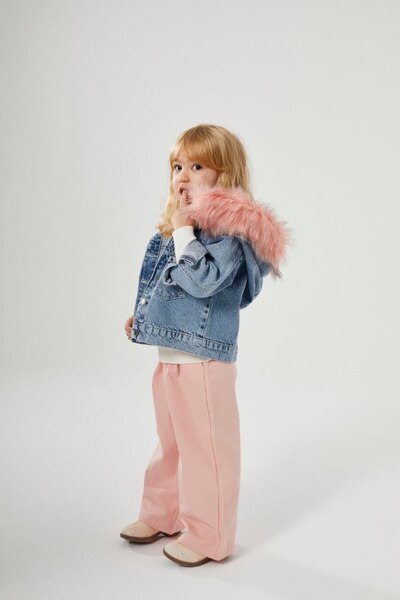 Polente Girl's Plush Pink Hooded Detailed Denim Jacket