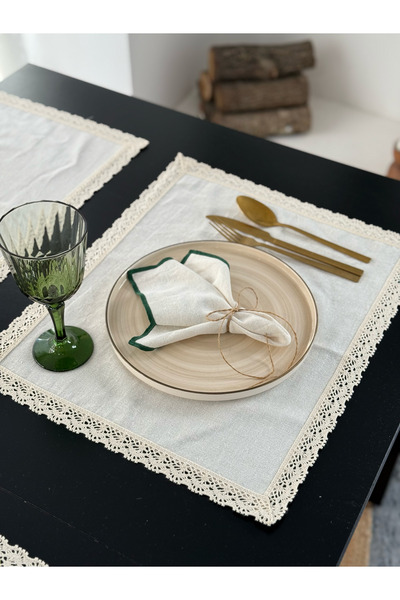 KaiAtelier Set de 4 Supla dreptunghiulară din lenjerie naturală din dantelă /...