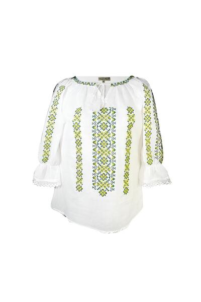 Inovius Bluza Tip Ie Traditionala Alba cu Motiv Floral Verde de Dama - IMS141 M