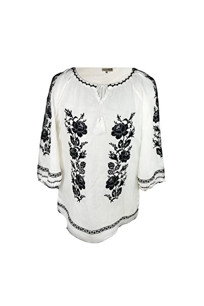 Inovius Bluza Tip Ie Traditionala Alba cu Motiv Floral Negru de Dama - IMS119...