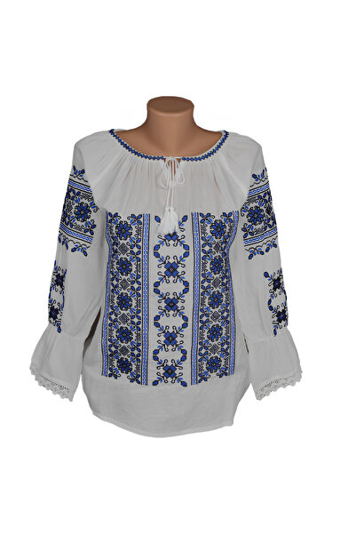 Inovius Bluza Tip Ie Alba cu Motiv Floral Albastru - BMG83 3XL