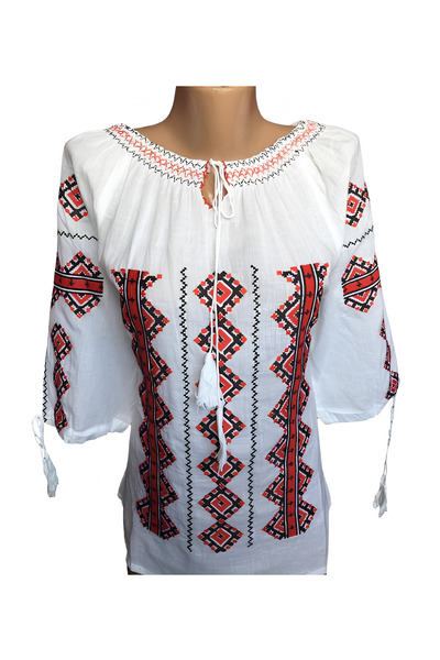 Inovius Bluza Tip Ie Traditionala Alba cu Motiv Geometric Rosu de Dama - IMS8...