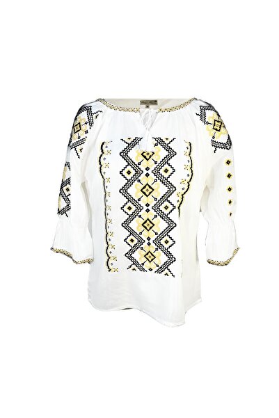 Inovius Bluza Tip Ie Traditionala Alba cu Motiv Geometric Crem de Dama - IMS1...