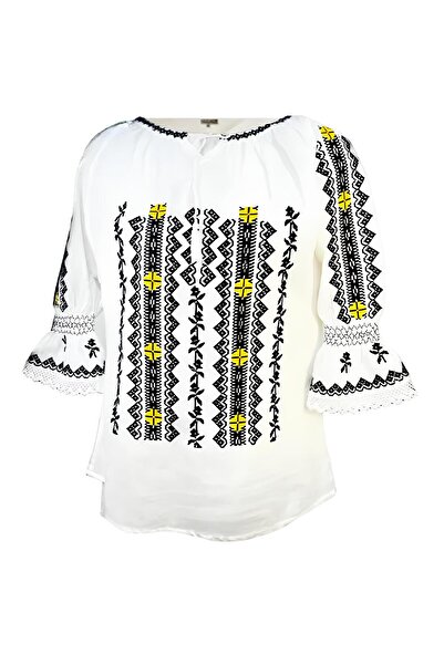 Inovius Bluza Tip Ie Traditionala Alba cu Motiv Geometric Negru de Dama - IMS...