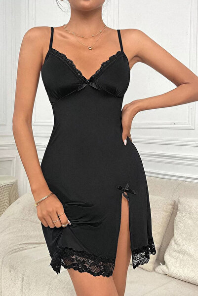 Zikuv Giyim ve Moda Tasarım Black Lace Bow and Slit Stylish Dress