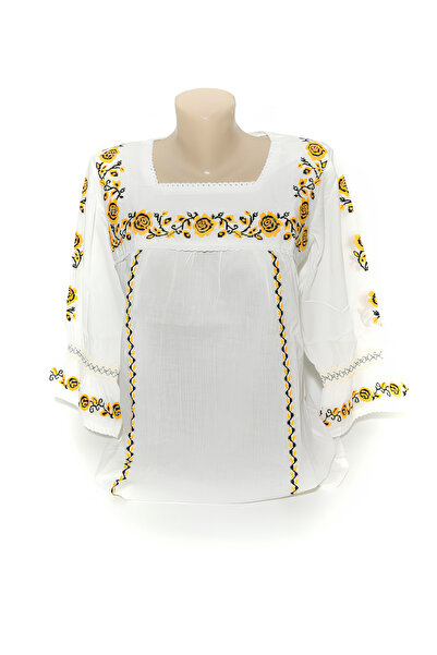 Inovius Bluza Tip Ie Alba cu Motiv Floral Galben - BMG15 XL