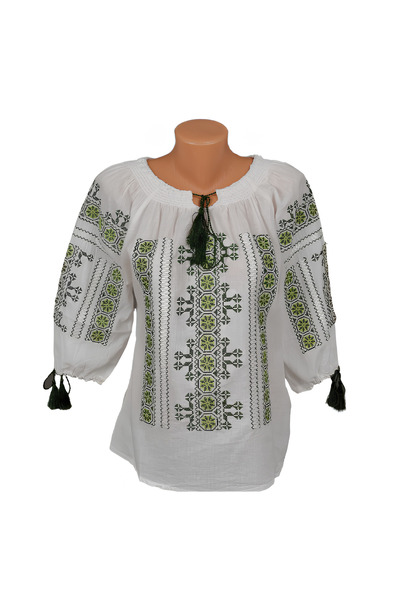 Inovius Bluza Tip Ie Traditionala Alba cu Motiv Geometric Verde de Dama - IMS...