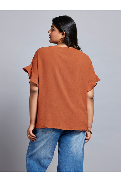 Globus By Styli Plus Size Rust Ruffle Sleeve Top