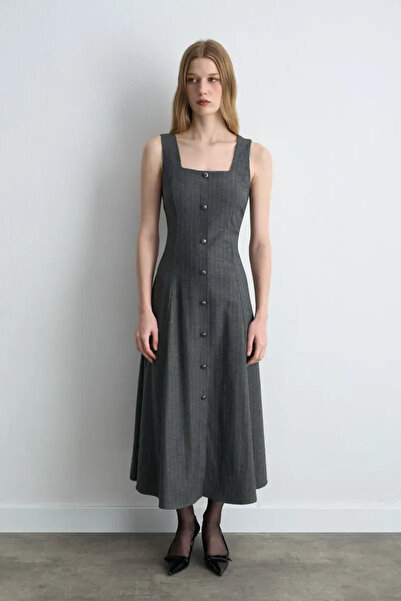 Gusto Long Gilet Dress with Straps - Gray