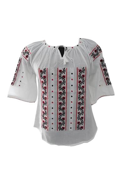 Inovius Bluza Tip Ie Traditionala Alba cu Motiv Geometric Multicolor de Dama ...