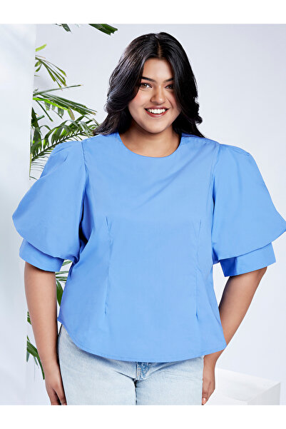 Globus By Styli Plus Size Blue Top with Puff Sleeves