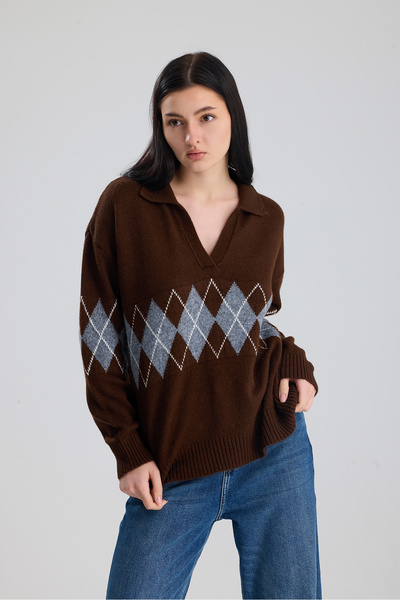 Figo Baklava Patterned Shirt Collar Women's Sweater