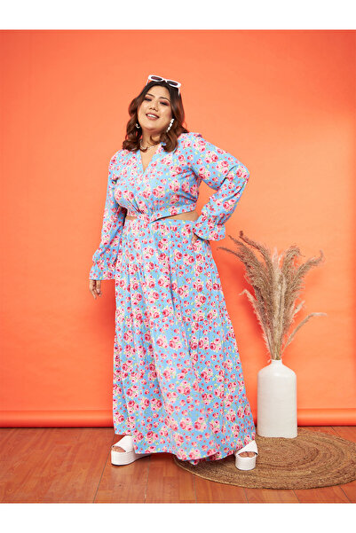 Sassafras By Styli Plus Size Blue Floral Waist Cut-Out Maxi Dress