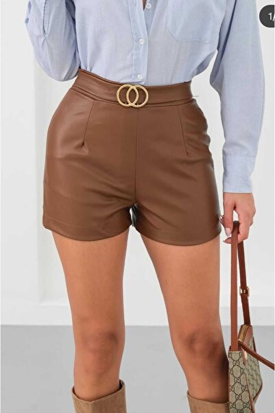 Kısmetin Butiği Women's Brown Leather Shorts Make a Difference New Collection Limited Edition