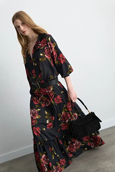 Gusto Anka Collection Rose Patterned Long Viscose Skirt - Black