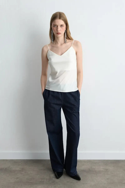 Gusto Satin Tank Top with String Straps - Ecru