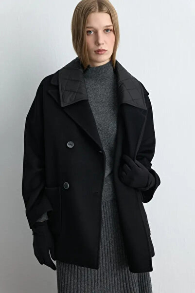 Gusto Quilted Collar Wool Coat - Black