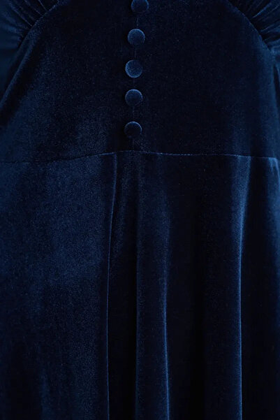 Gusto V Yakalı Uzun Kadife Elbise - Lacivert