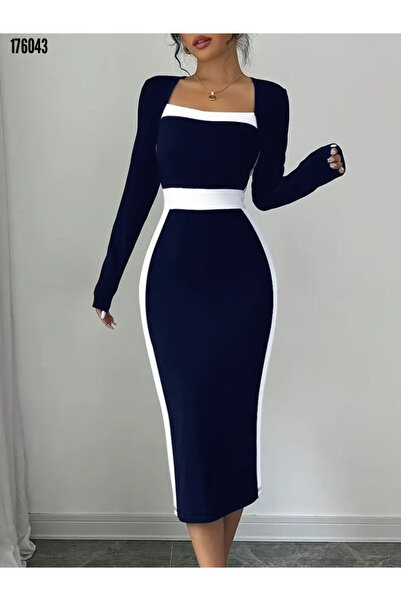 moda wanilia Жіноче плаття середньої довжини з геометричним коміром і довгими рукавами з крепу