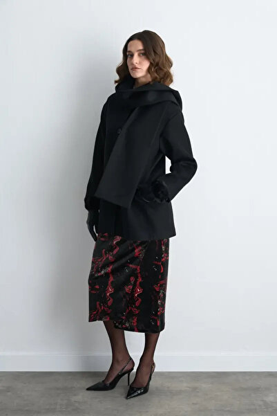 Gusto Wool Cashmere Coat with Scarf - Black