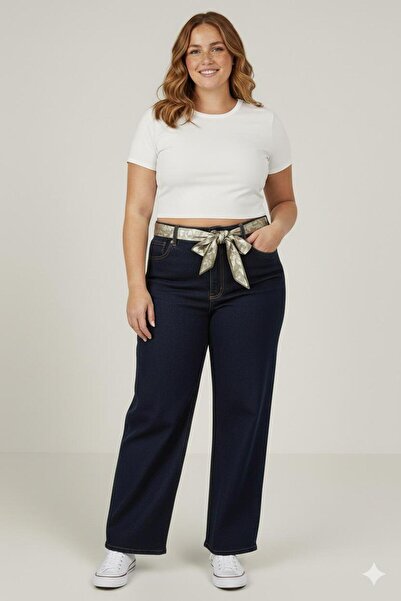 ELONİ Plus Size Jeans New Season Waist Belted/Scarf Tied Wide Leg High Waist Stretchy Pants