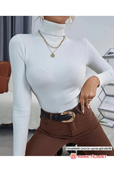 HANK TİCARET Cotton and Stretch Fabric White Turtleneck White Knitwear Body Unisex M/L Size