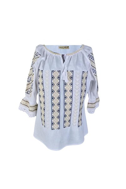 Inovius Bluza Tip Ie Traditionala Alba cu Motiv Geometric Auriu de Dama - IMS...