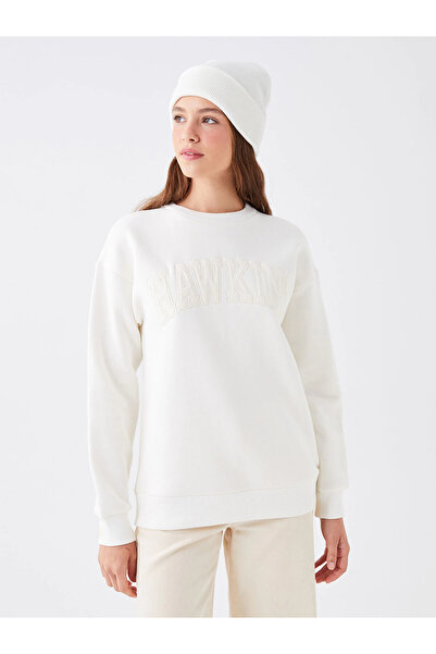 LC Waikiki LCW Vision Ecru Pulover cu guler rotund gros pentru femei cu broderie