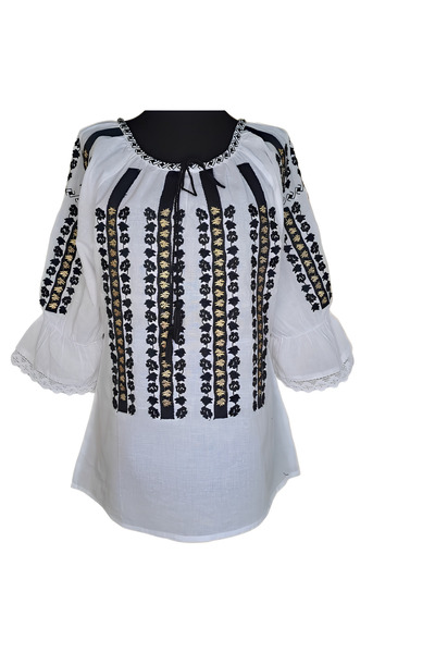 Inovius Bluza Tip Ie Traditionala Alba cu Motiv Floral Auriu de Dama - IMS36 S