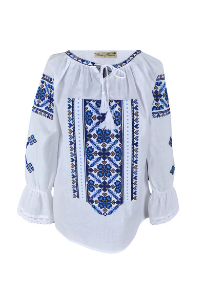 Inovius Bluza Tip Ie Alba cu Motiv Floral Albastru - BMG44 XL