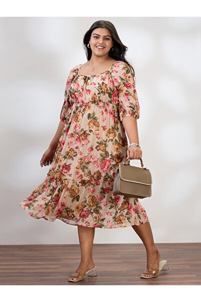 Globus By Styli Plus Size Beige Floral Print Midi Dress