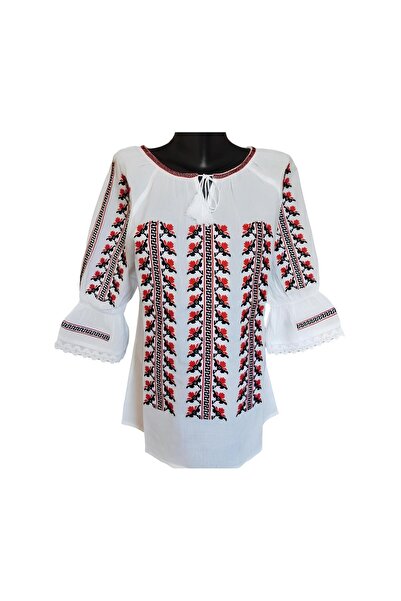 Inovius Bluza Tip Ie Traditionala Alba cu Motiv Floral Rosu de Dama - IMS128 S