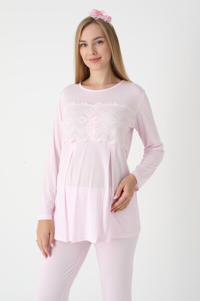 BLACKMORE Women's Powder Special Lace Design Cotton Winter Maternity Pajamas Set with Dressing Gown 3' Pajama Set