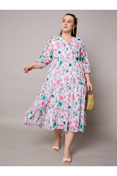 Sassafras By Styli Plus Size Floral Print Wrap Midi Dress