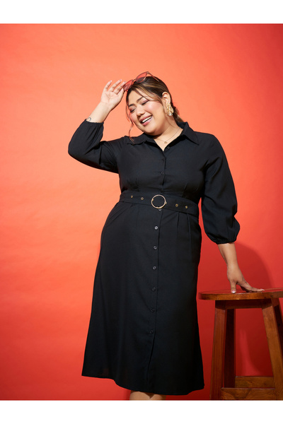 Sassafras By Styli Plus Size Black Shirt Belted Midi Dress