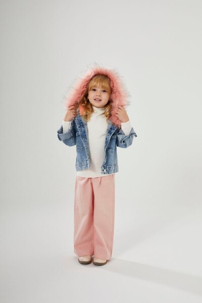 Polente Girl's Plush Pink Hooded Detailed Denim Jacket