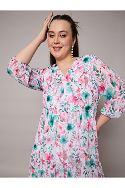 Sassafras By Styli Plus Size Floral Print Wrap Midi Dress