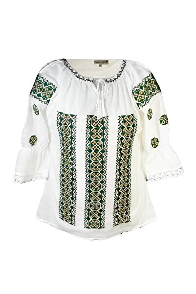 Inovius Bluza Tip Ie Traditionala Alba cu Motiv Geometric Verde de Dama - IMS...