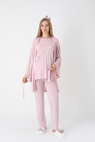 BLACKMORE Women's Salmon Special Lace Design Cotton Winter Maternity Pajama Set with Dressing Gown 3'