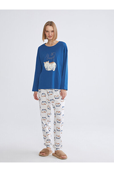 LC Waikiki Özmarka New Season Crew Neck Cat Printed Women's Pajama Set